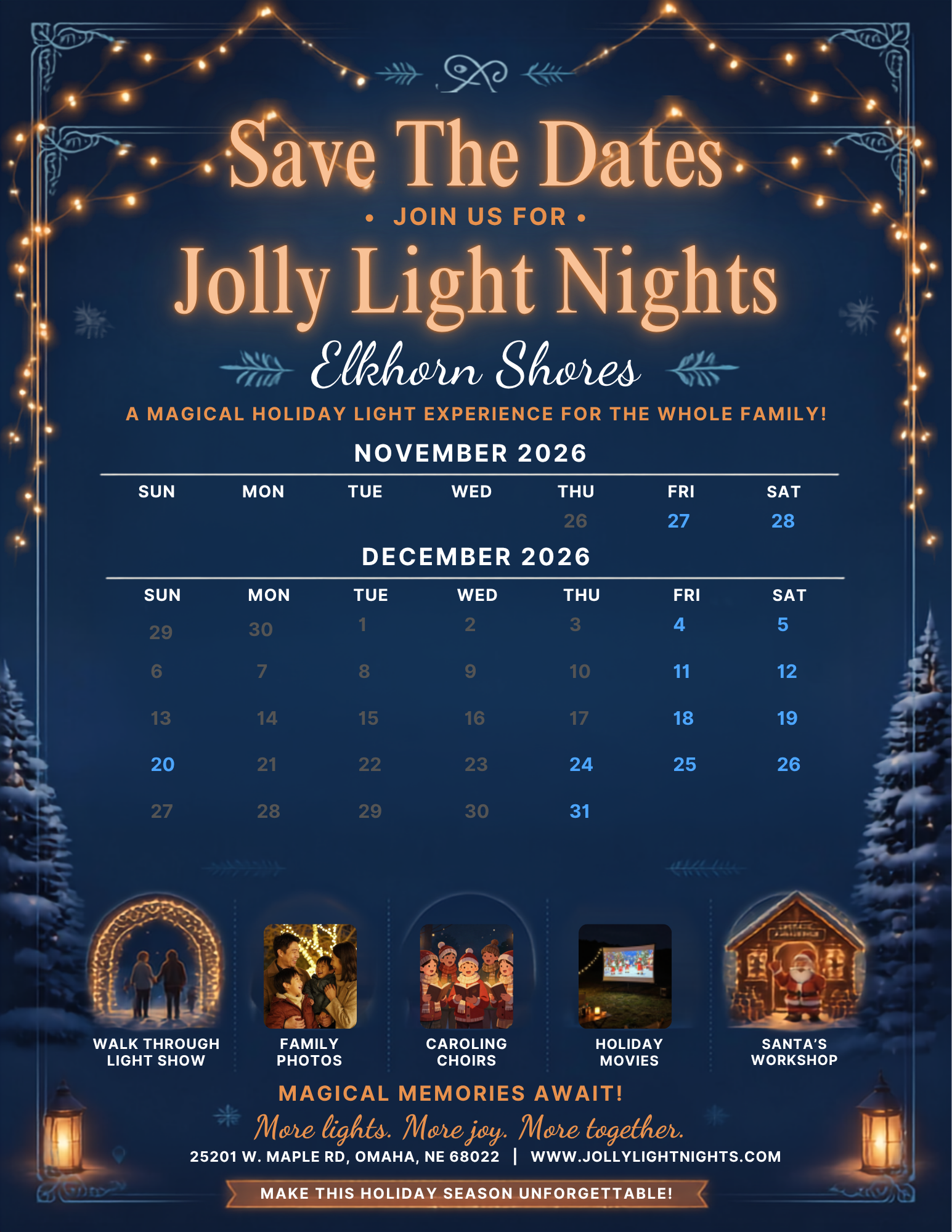 Jolly Light Nights holiday lights event flyer in Elkhorn Shores featuring November and December 2026 dates, family activities, Twinkle Market, and Omaha, Nebraska location