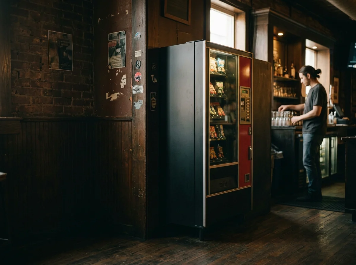 Snack vending machine inside a dimly lit brick-walled bar, with a bartender working in the background