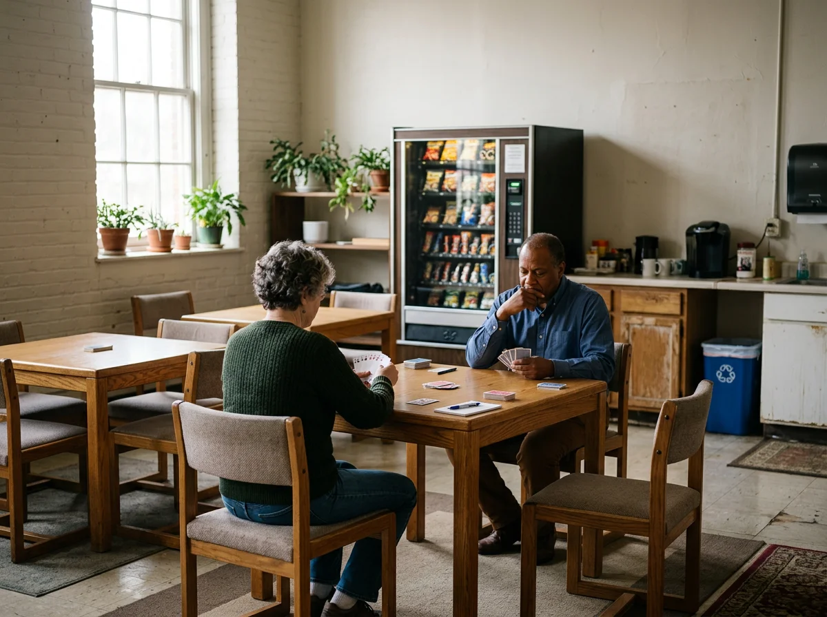 Two people playing cards at a wooden table in a bright community room with plants and a snack vending machine
