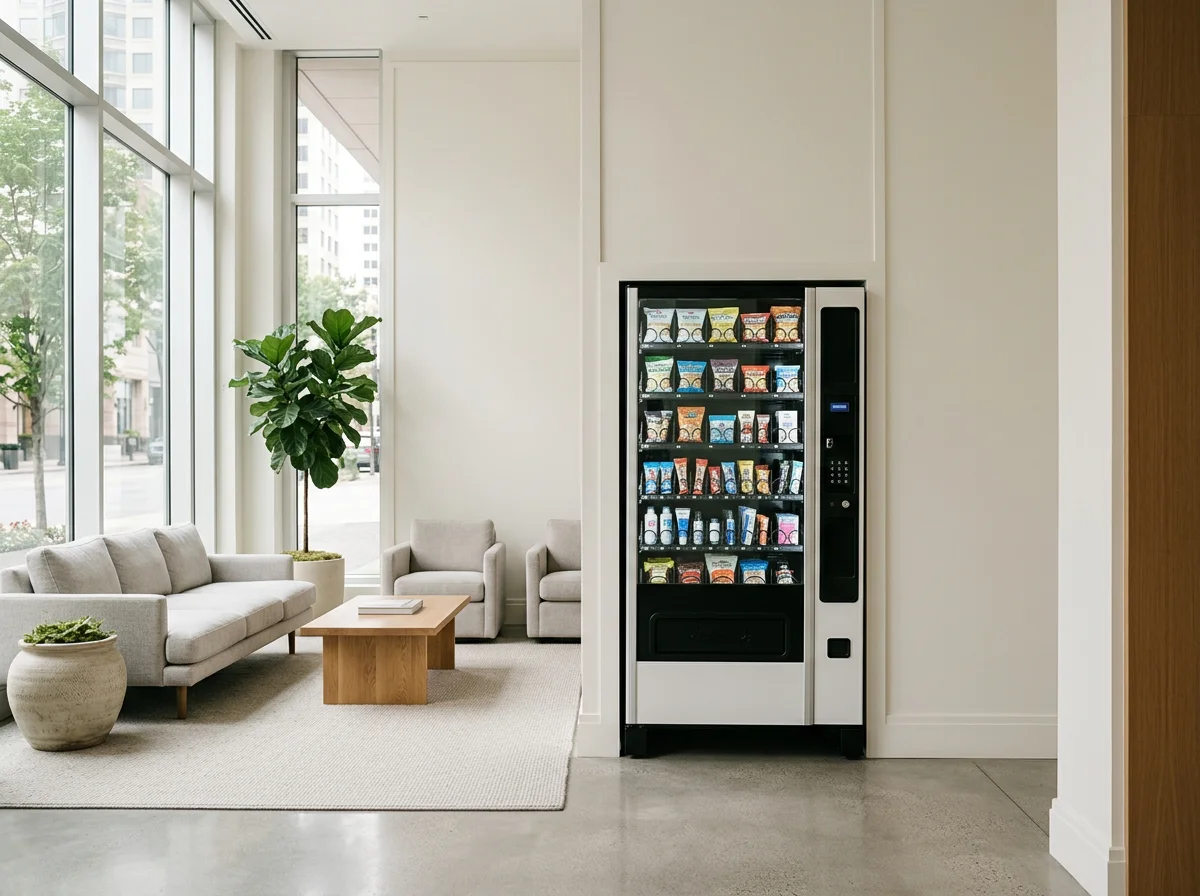 Modern office lobby with a snack vending machine, sofas, armchairs, coffee table, potted plants, and floor-to-ceiling windows