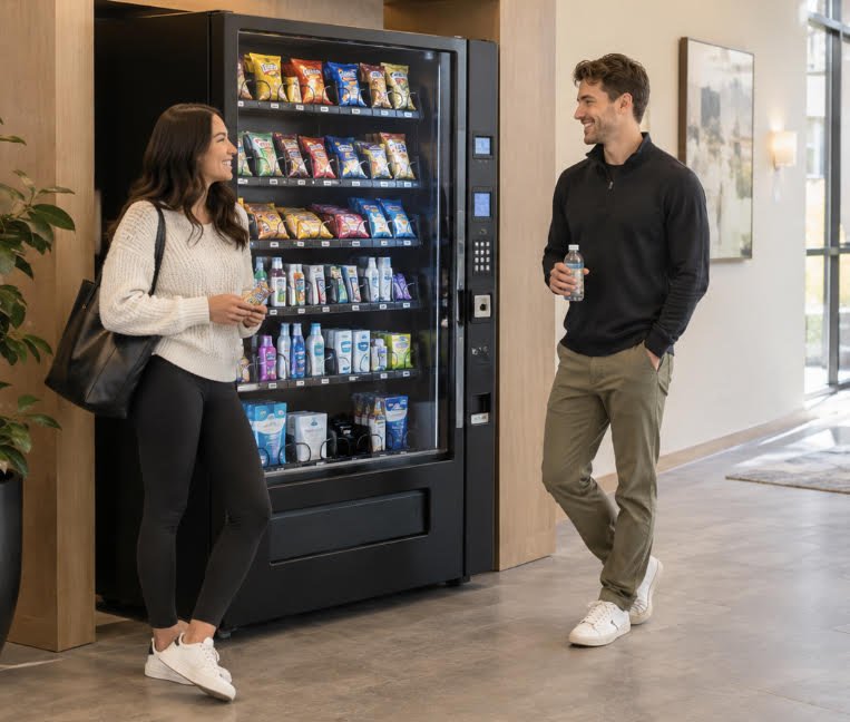 Two people standing beside a stocked snack and beverage vending machine in a modern office lobby