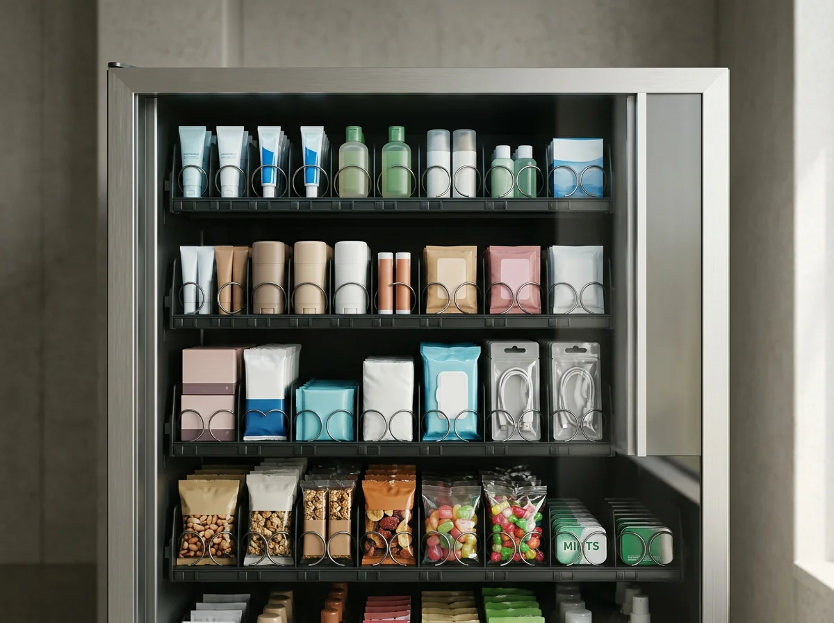 Organized bathroom cabinet with shelves of toiletries, personal care products, packaged snacks, candy, and mints