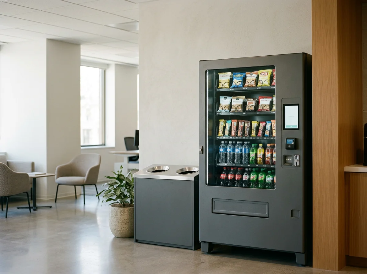 Snack and beverage vending machine in a modern office lounge beside a recycling bin and potted plant