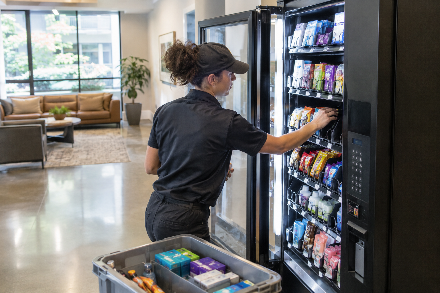 Worker restocking a snack and beverage vending machine in a modern lobby.