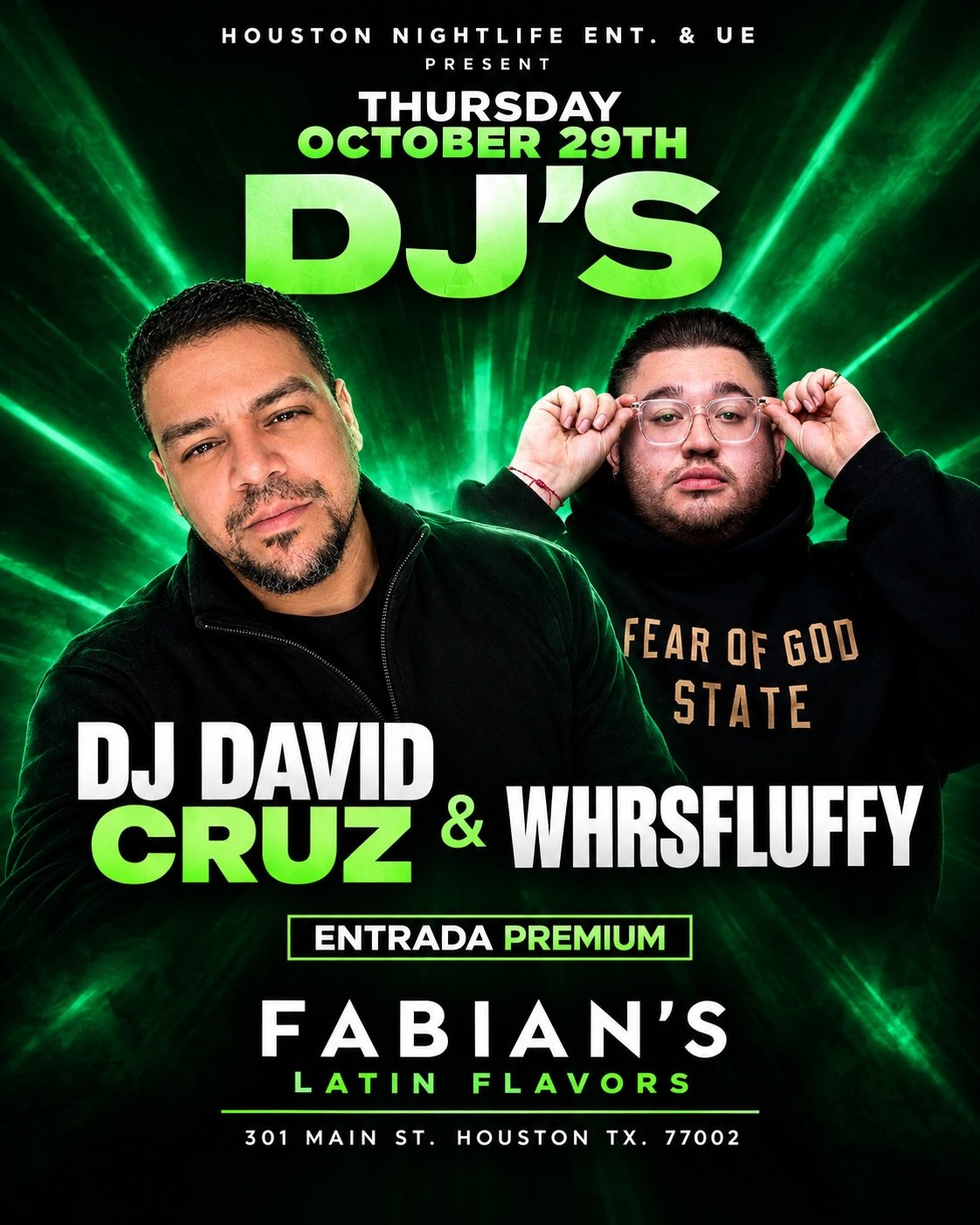 🔥 THURSDAYS AT FABIAN&rsquo;S 🔥

🎧 WHERE&rsquo;S FLUFFY x DAVID CRUZ 🎧

This Thursday, we&rsquo;re turning up the energy INSIDE Fabian&rsquo;s with the best of LATIN + TOP 40! 🔥💃

🎶 Latin Hits | Reggaeton | Top 40
🍸 Drinks | Dancing | Good Vi