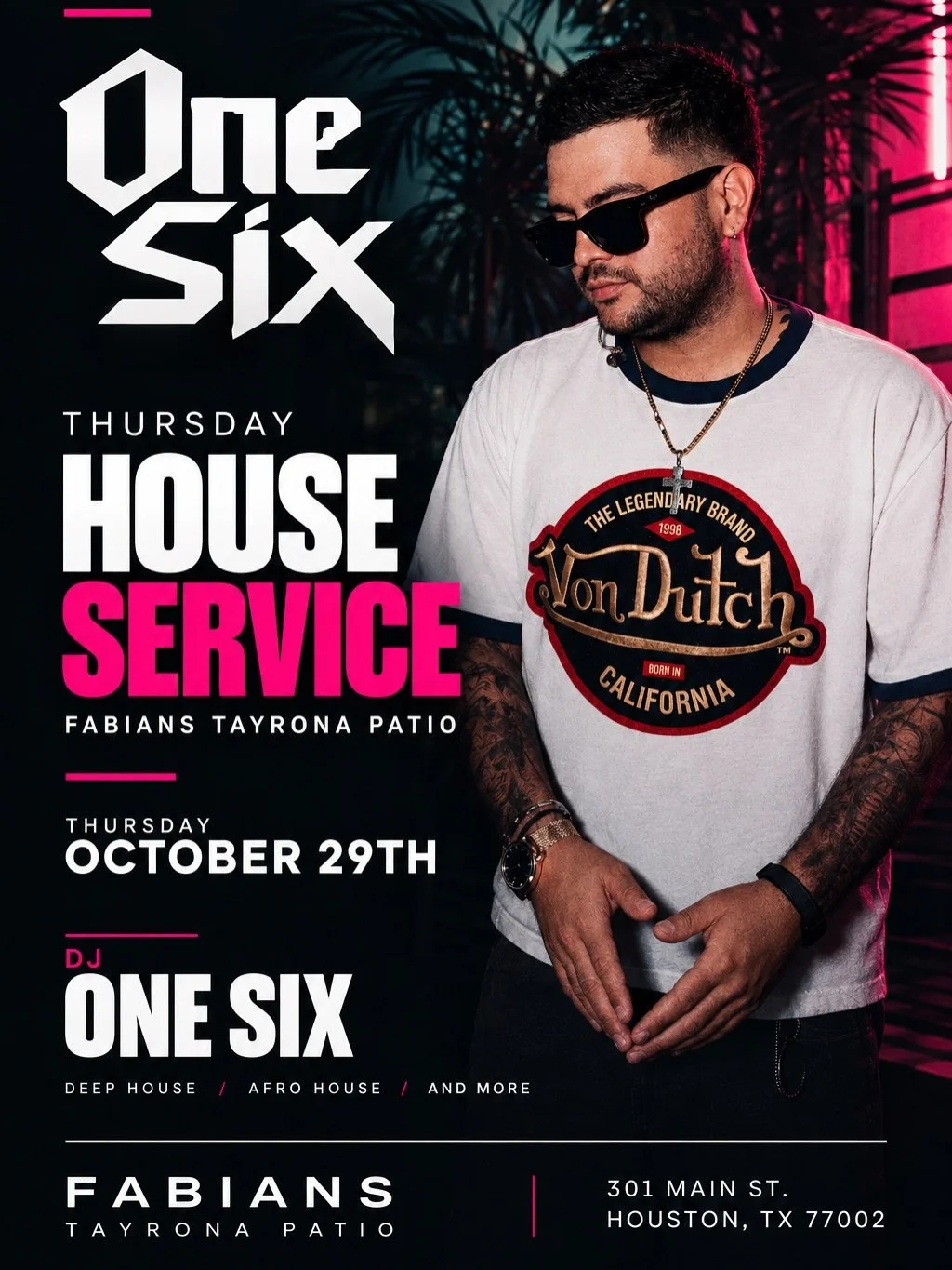 🔥 THURSDAY HOUSE SERVICE 🔥

🎂 DJ ONE SIX BIRTHDAY KICKOFF! 🎧

This Thursday, we&rsquo;re taking over Fabian&rsquo;s Patio for a special birthday celebration! 🥂

🏠 House Music All Night
🍾 Birthday Celebrations
🔥 Downtown Houston Vibes

📍 Fabi