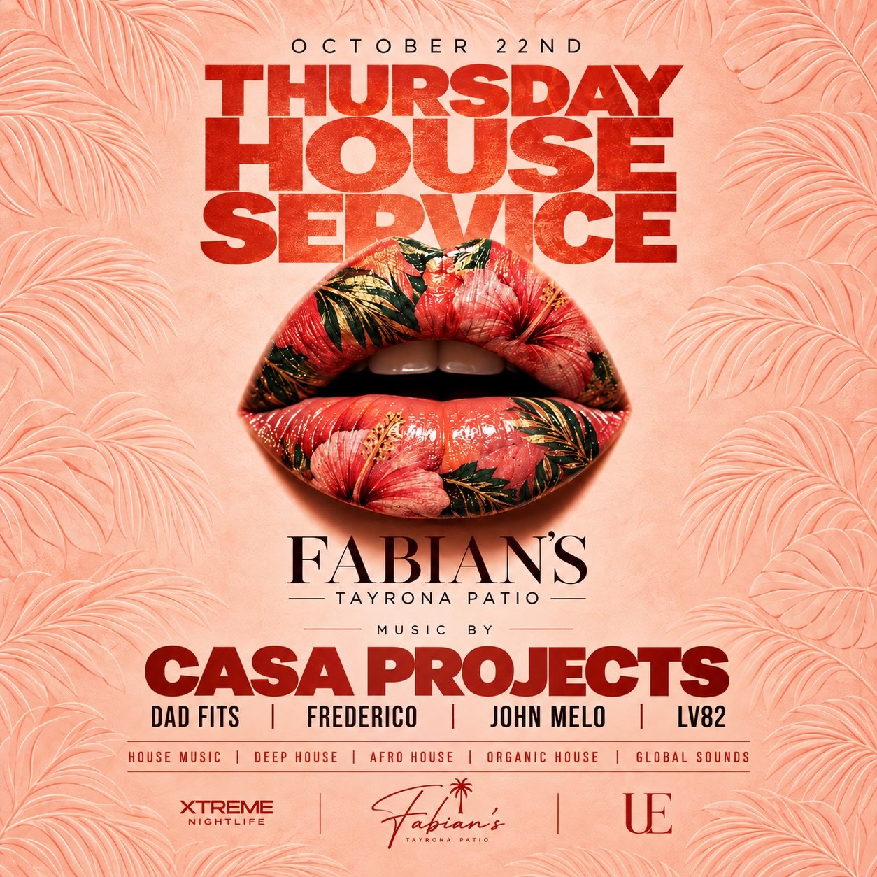 🌴🔥 THURSDAY HOUSE SERVICE 🔥🌴

House music, good vibes &amp; late nights at Fabian&rsquo;s Tayrona Patio. 🎶🪩

📅 Thursday, October 22nd
📍 Fabian&rsquo;s | Downtown Houston

🎧 CASA PROJECTS
&bull; Dad Fits
&bull; Frederico
&bull; John Melo
&bul