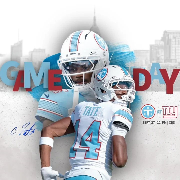 Tennessee Titans football players in a Game Day graphic promoting a September 27 matchup against the New York Giants.