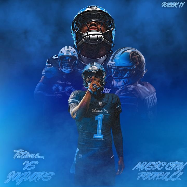 Tennessee Titans quarterback Will Levis in a football helmet and No. 1 jersey, featured in a blue Titans vs. Music City Football graphic.