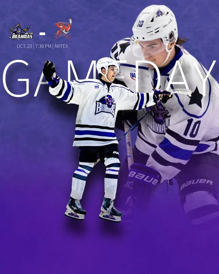 Binghamton Black Bears hockey game-day graphic featuring player number 10, with an October 23, 7:30 PM game at NYTEX.