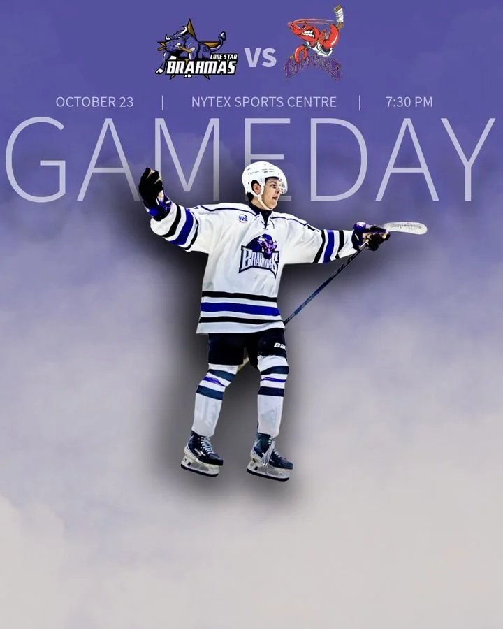 Lone Star Brahmas hockey player promoting an October 23 game against the opposing team at Nytex Sports Centre.