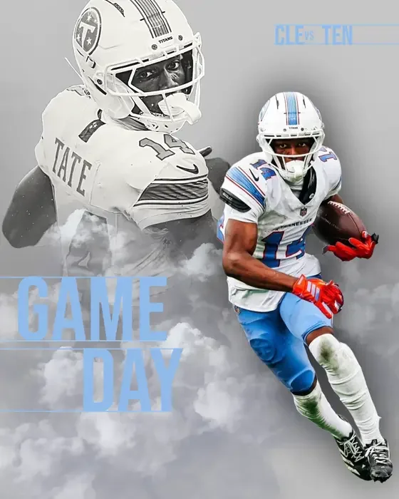 Football game-day graphic featuring Tennessee Titans players Treylon Burks and Tee Higgins in uniform, with “GAME DAY” text