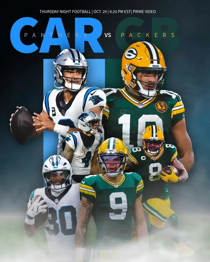 Carolina Panthers vs. Green Bay Packers Thursday Night Football promotional graphic featuring players in team uniforms and helmets.