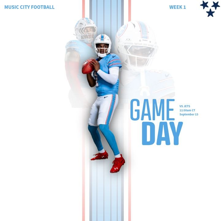 Music City Football Week 1 game day graphic featuring a Tennessee Titans quarterback holding a football, announcing a matchup versus the Jets at 11 a.m. CT on September 13.