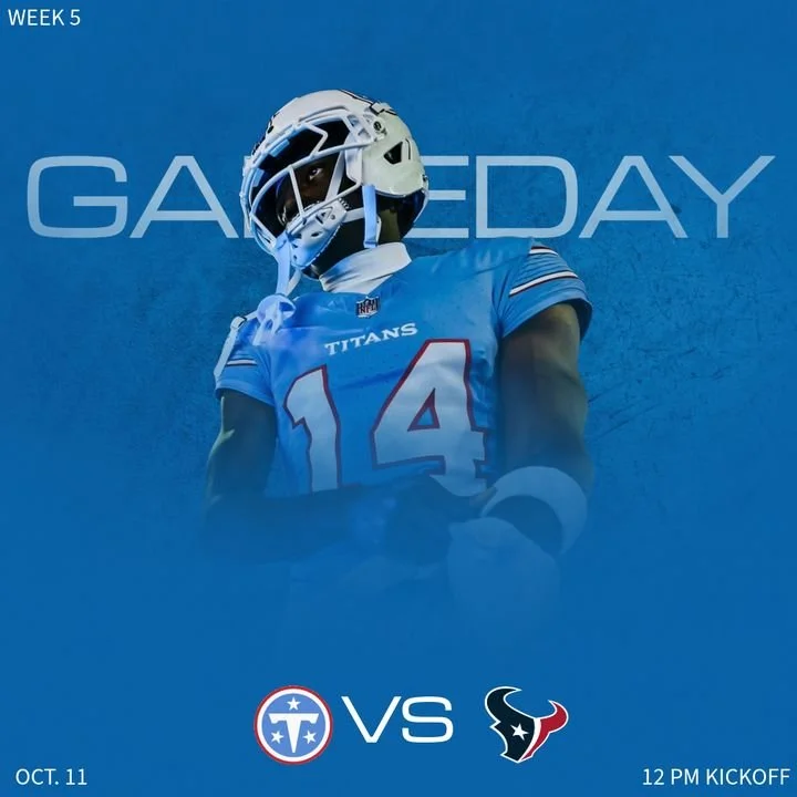 Tennessee Titans Week 5 game-day graphic featuring player number 14 versus the Houston Texans, with an October 11 noon kickoff.