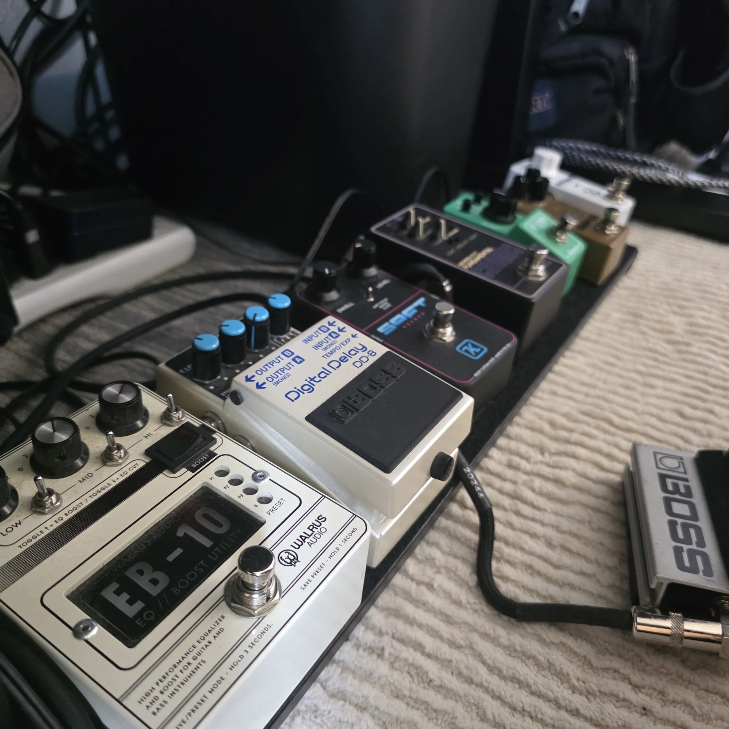 EQ, Delay, reverb, chorus, overdrive, and boost pedals. 
