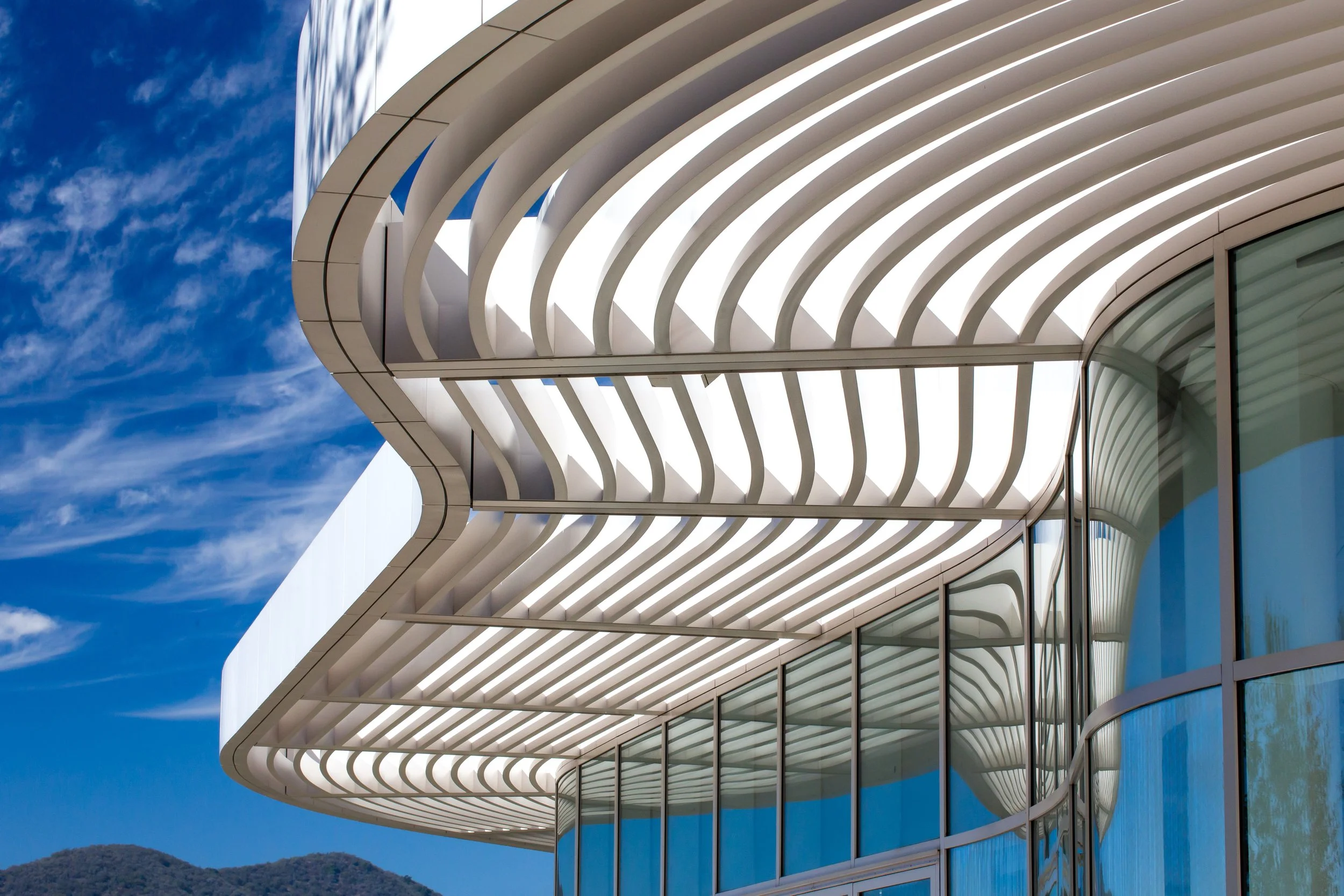 The Getty Center in Los Angeles, white ribbed architecture against a blue sky