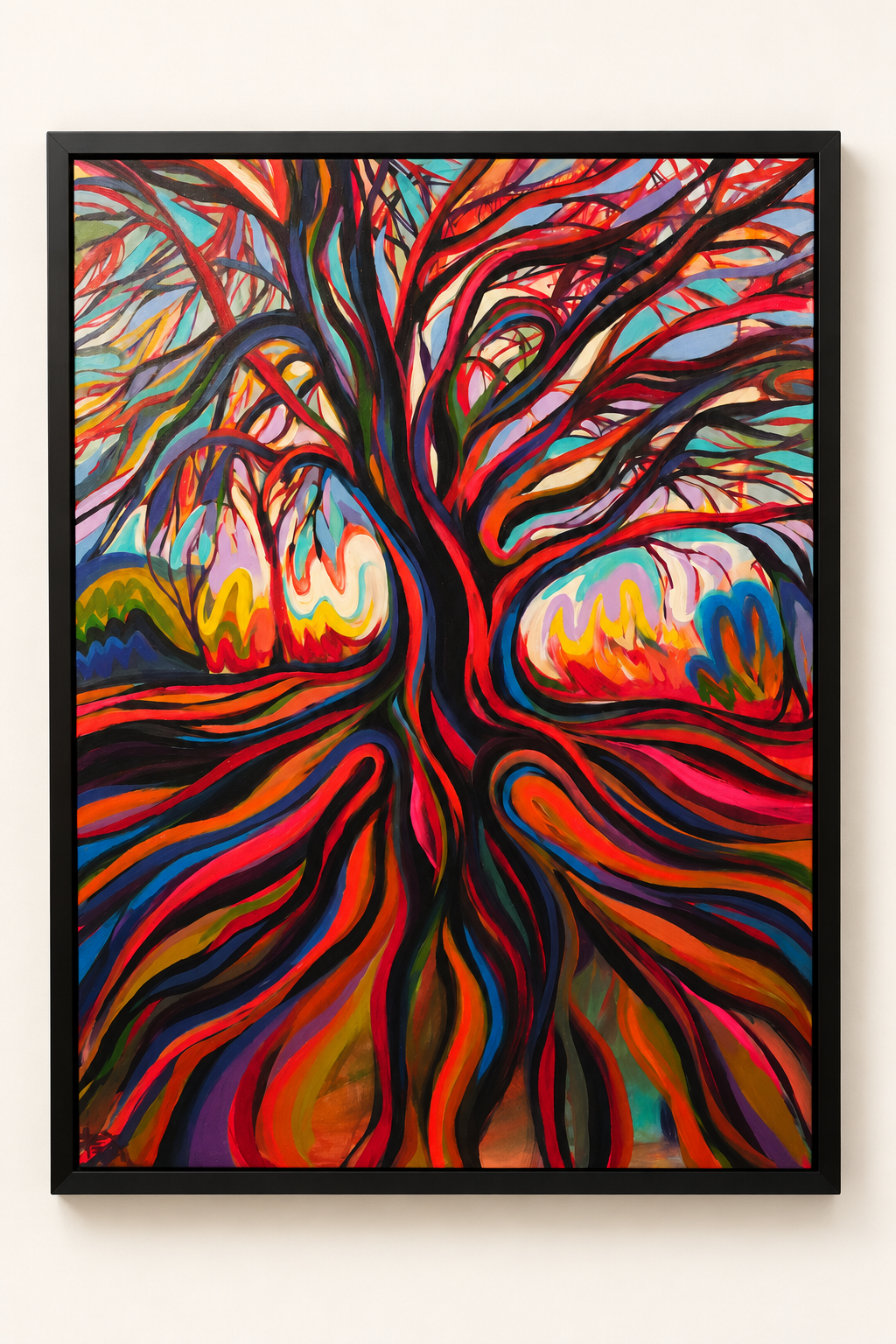Framed abstract painting of a colorful tree with twisting branches and vibrant red, blue, orange, and green brushstrokes
