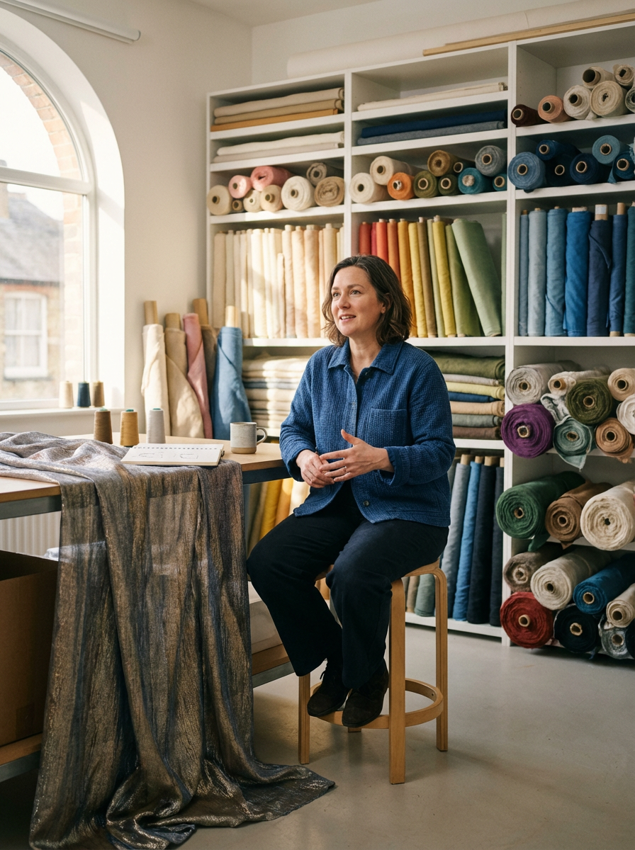 Textile designer seated in a fabric studio surrounded by colorful fabric rolls and a draped woven textile
