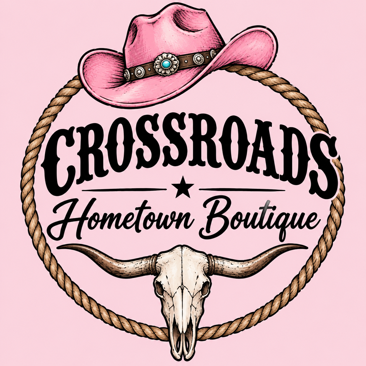 Crossroads Hometown Boutique logo with a pink cowboy hat, rope border, star, and longhorn skull on a pink background