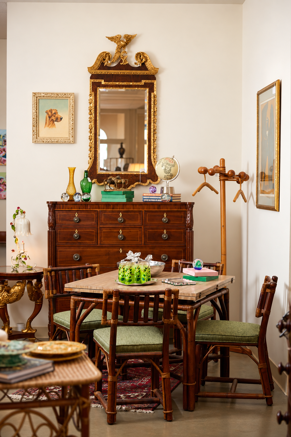 Eclectic dining room with a carved wood sideboard, ornate gold mirror, tropical-style dining table and chairs, artwork, globe, and decorative objects.
