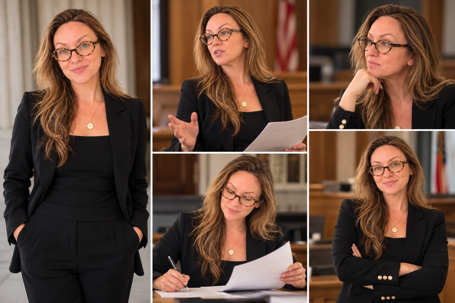 Portrait collection of attorney Leah E. Gillespie in a black suit.