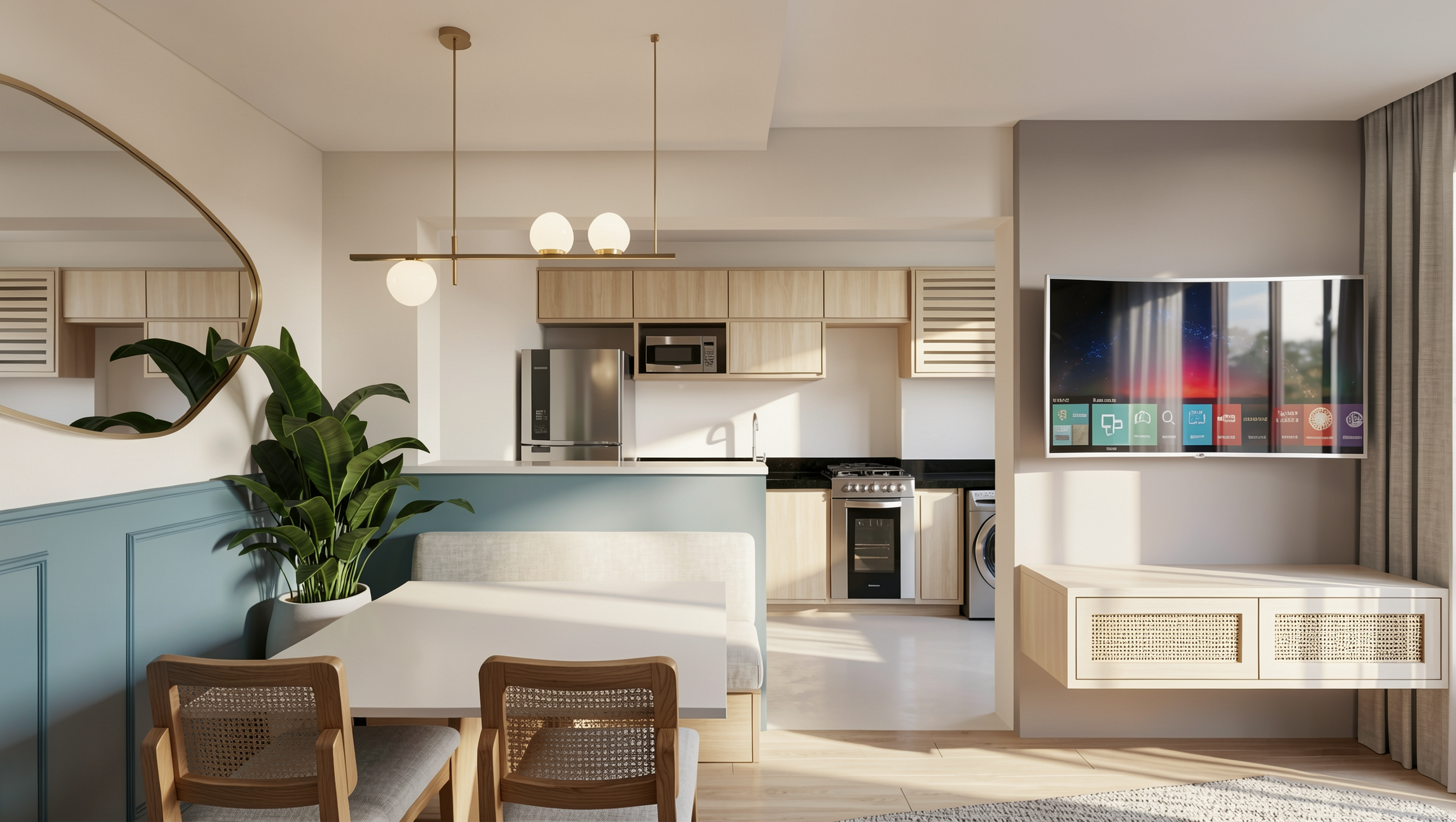 Sala de estar integrada à cozinha moderna, com mesa de jantar, sofá, planta, televisão e armários de madeira.