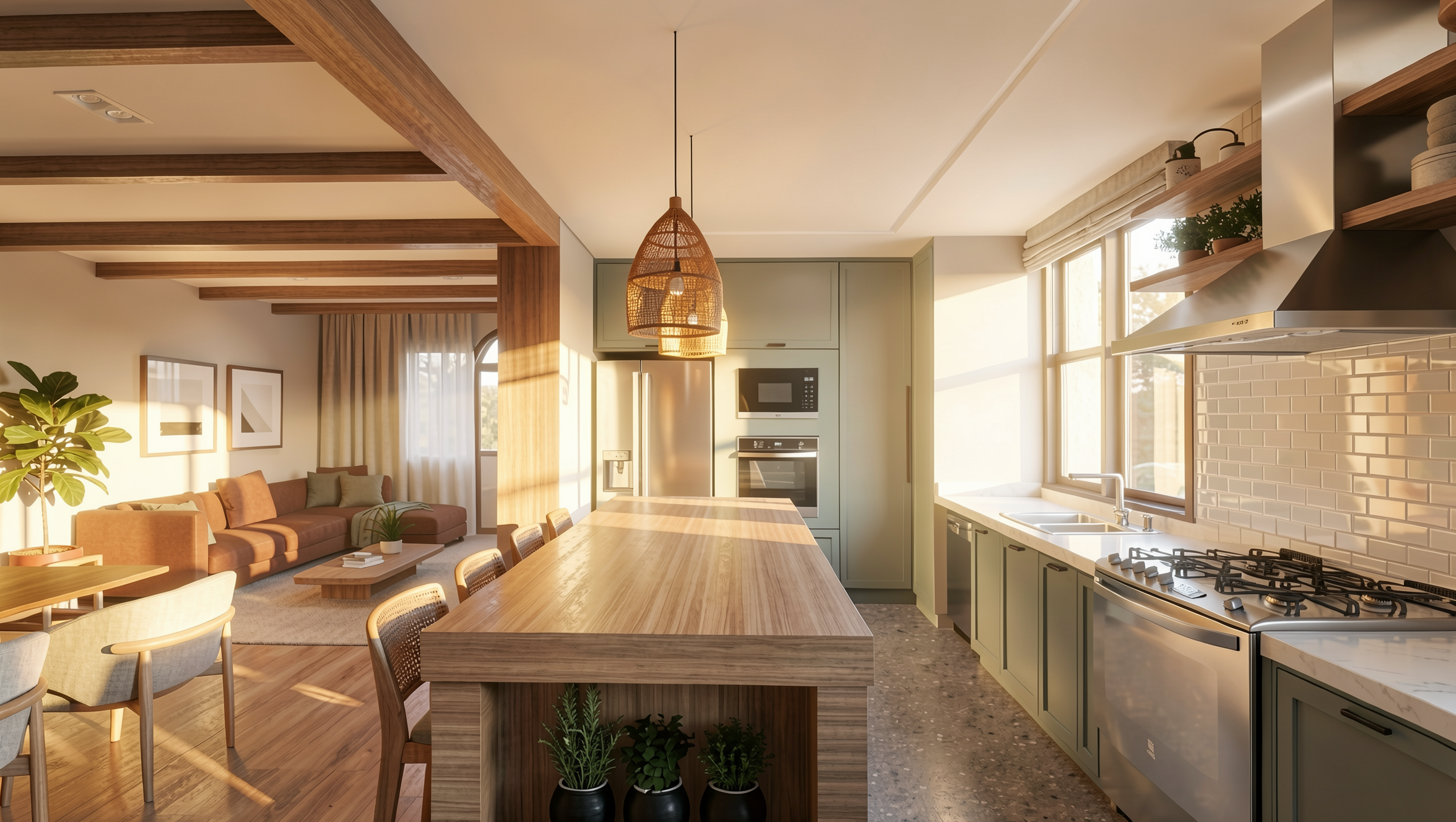 Cozinha integrada à sala de estar, com ilha de madeira, armários verdes, eletrodomésticos modernos, pendentes de vime e iluminação natural.