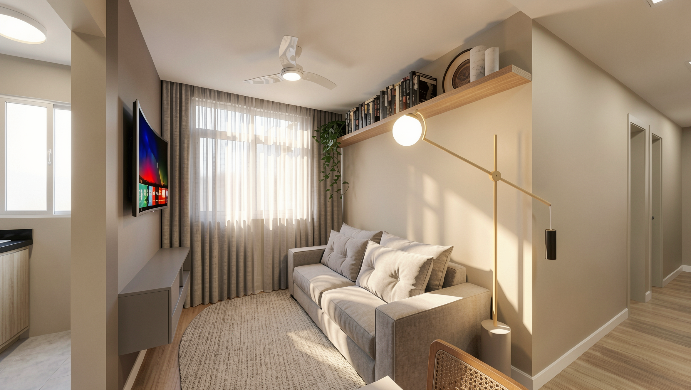 Sala de estar moderna e aconchegante com sofá bege, televisão, estante com livros, luminária de piso e cortinas iluminadas pelo sol.