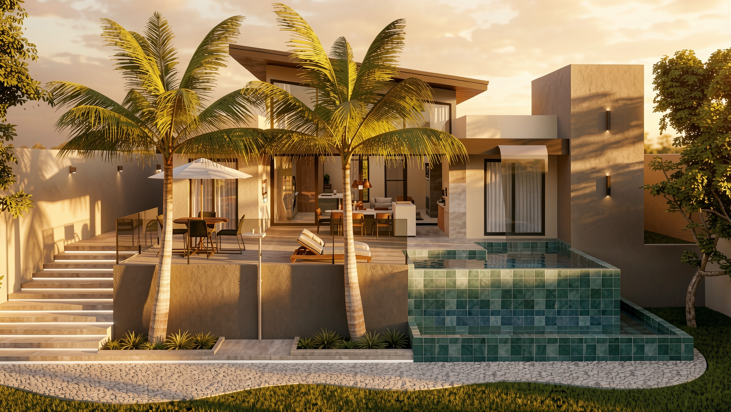 Renderização de uma casa moderna com piscina, palmeiras, jardim e área externa mobiliada ao pôr do sol.
