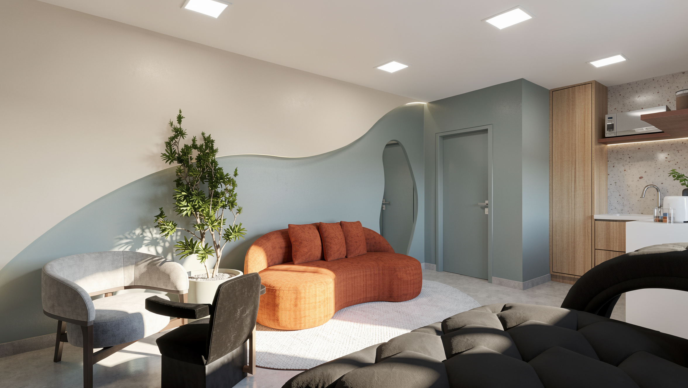 Sala de estar moderna integrada à cozinha, com sofá terracota, poltronas, planta decorativa e parede azul-clara de formas curvas.