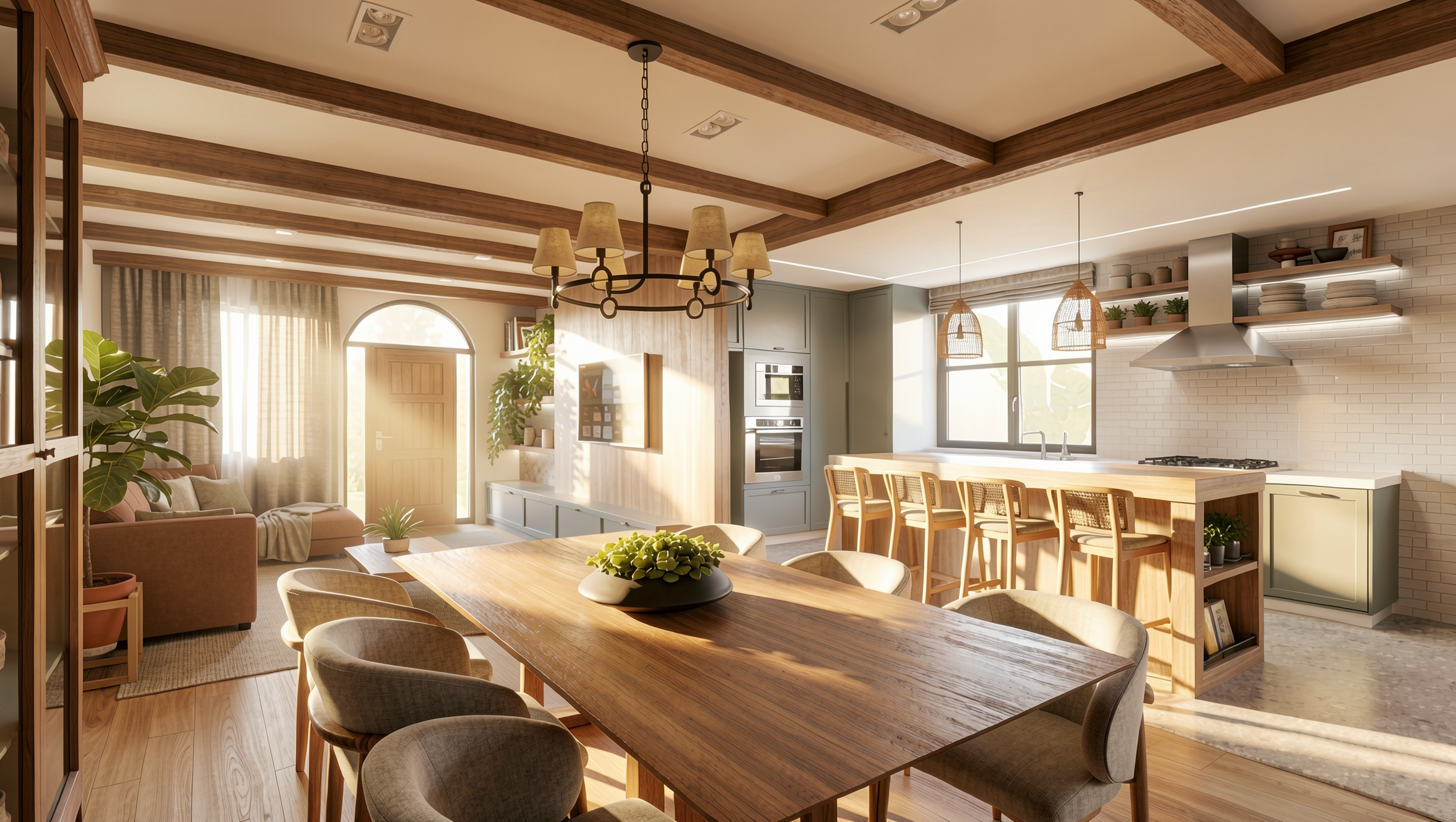 Cozinha e sala de jantar integradas, com mesa de madeira, cadeiras estofadas, ilha central, armários planejados e iluminação natural.