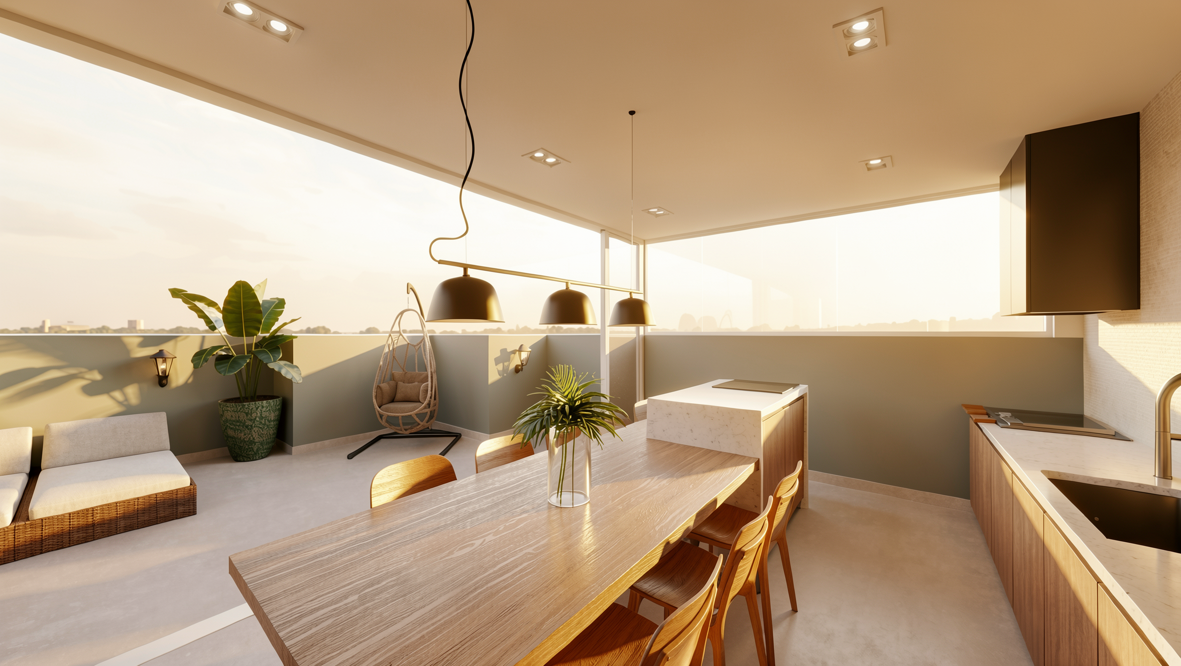 Sala de jantar integrada à cozinha moderna, com mesa de madeira, cadeiras, ilha de mármore, luminárias pendentes, plantas e amplas janelas.