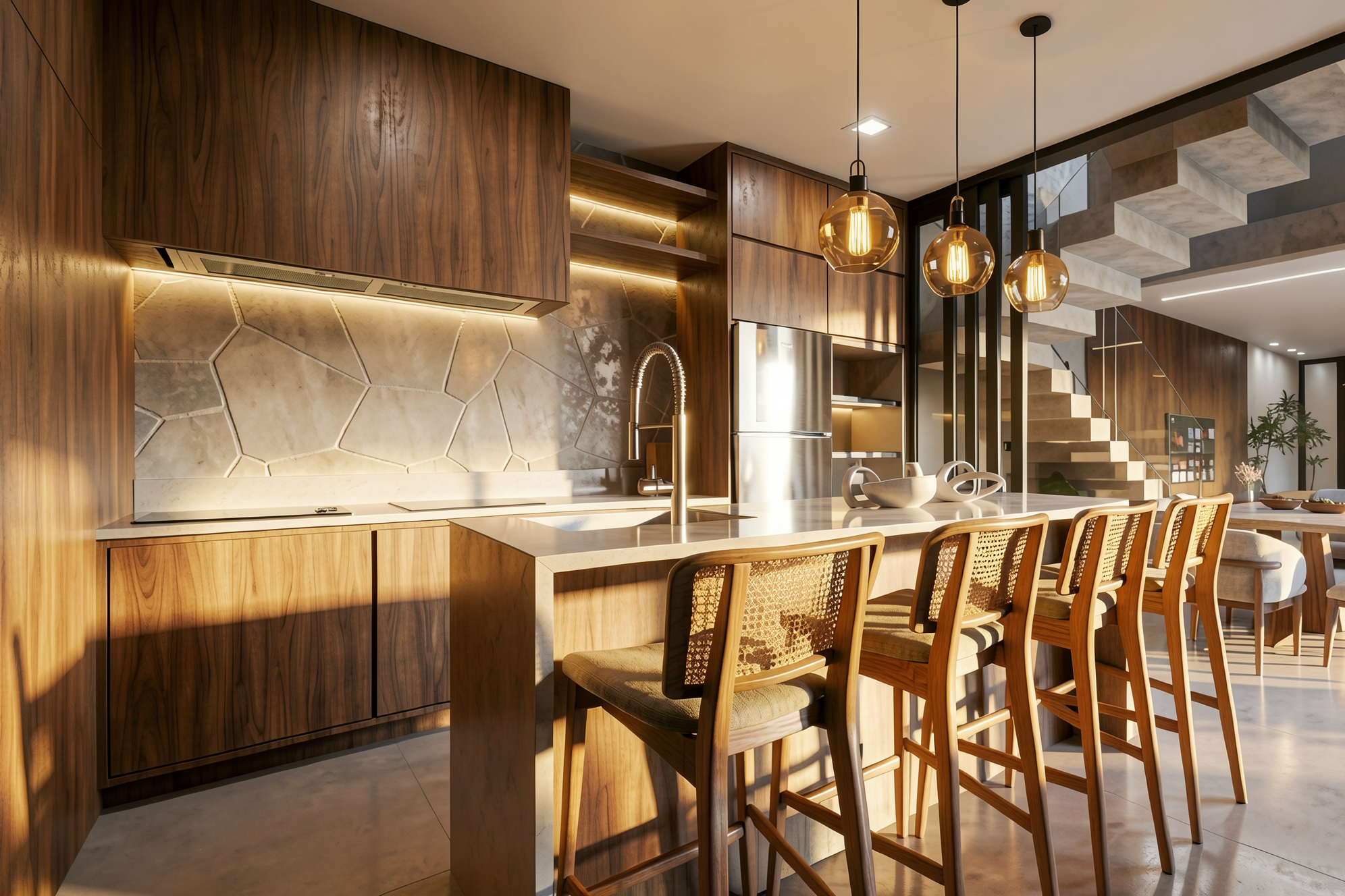 Cozinha moderna integrada com armários de madeira, bancada com ilha, banquetas, iluminação pendente e escada ao fundo.