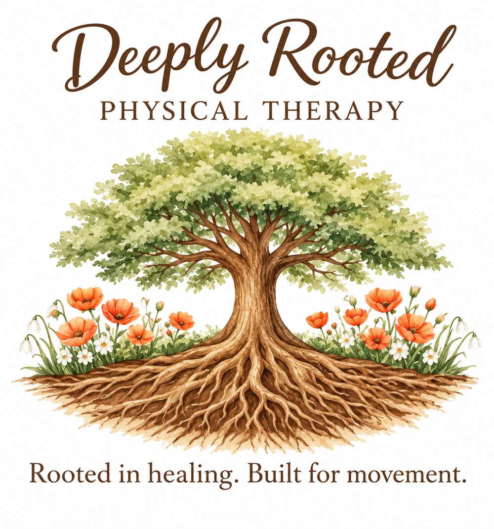 Deeply Rooted Physical Therapy logo: watercolor tree with deep roots and the tagline Rooted in healing. Built for movement.