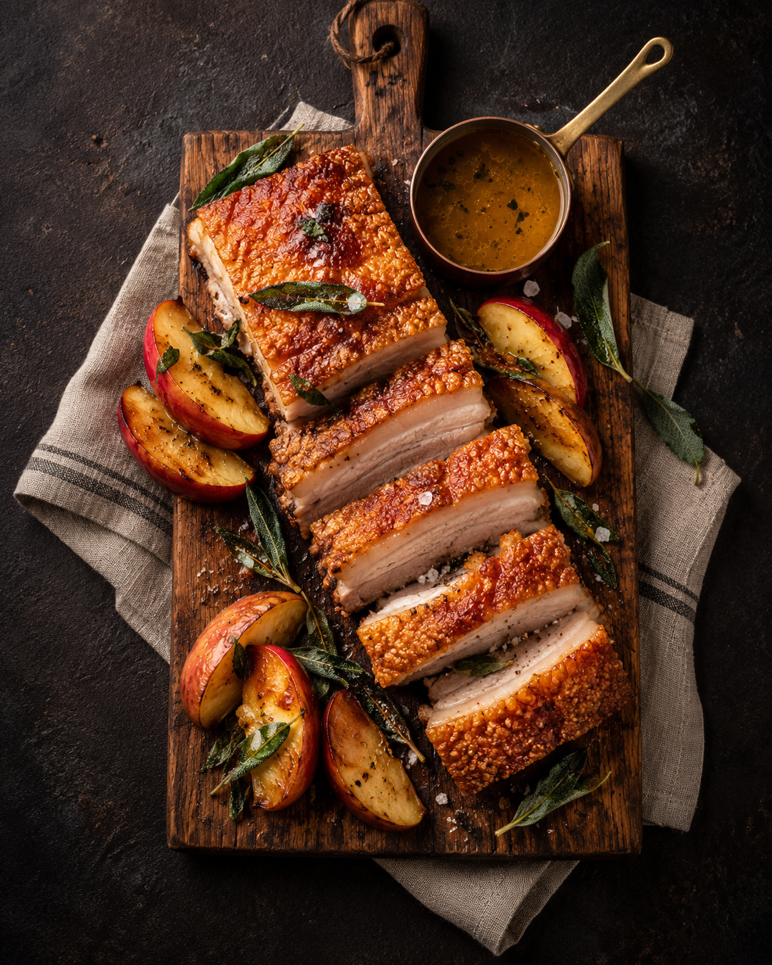 Crispy roasted pork belly slices with crackling, roasted apples, sage, and pan sauce on a wooden serving board