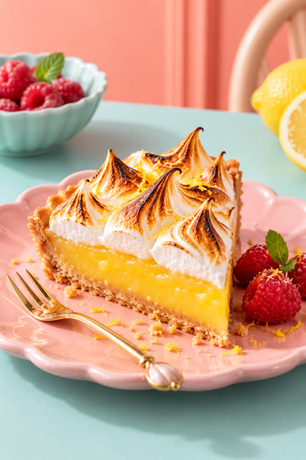 Slice of lemon meringue pie with toasted peaks on a pink plate, garnished with raspberries and mint.