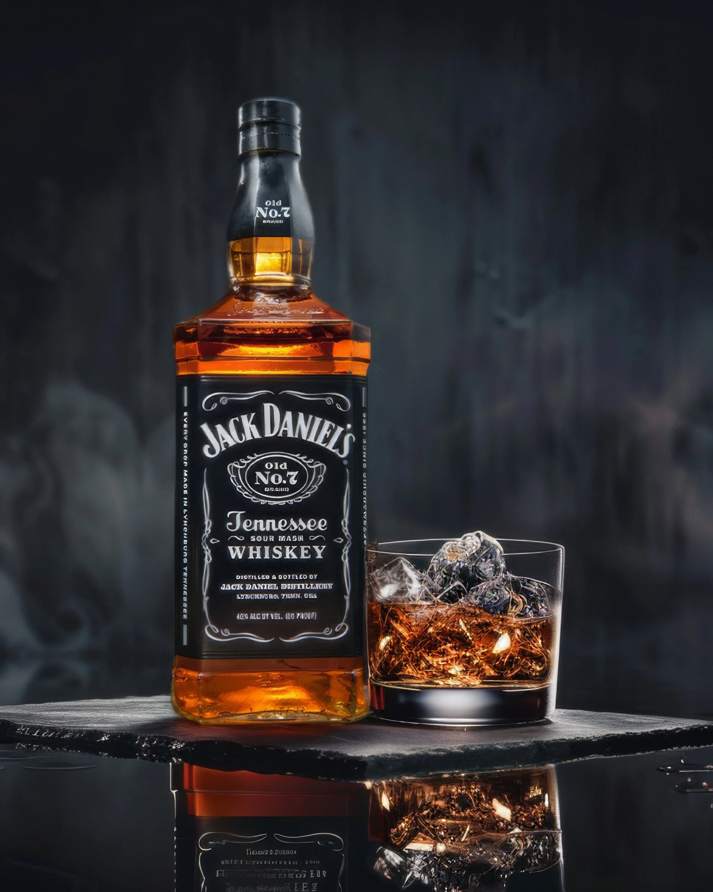 Jack Daniel’s Old No. 7 Tennessee whiskey bottle beside a glass of whiskey with ice on a dark reflective surface