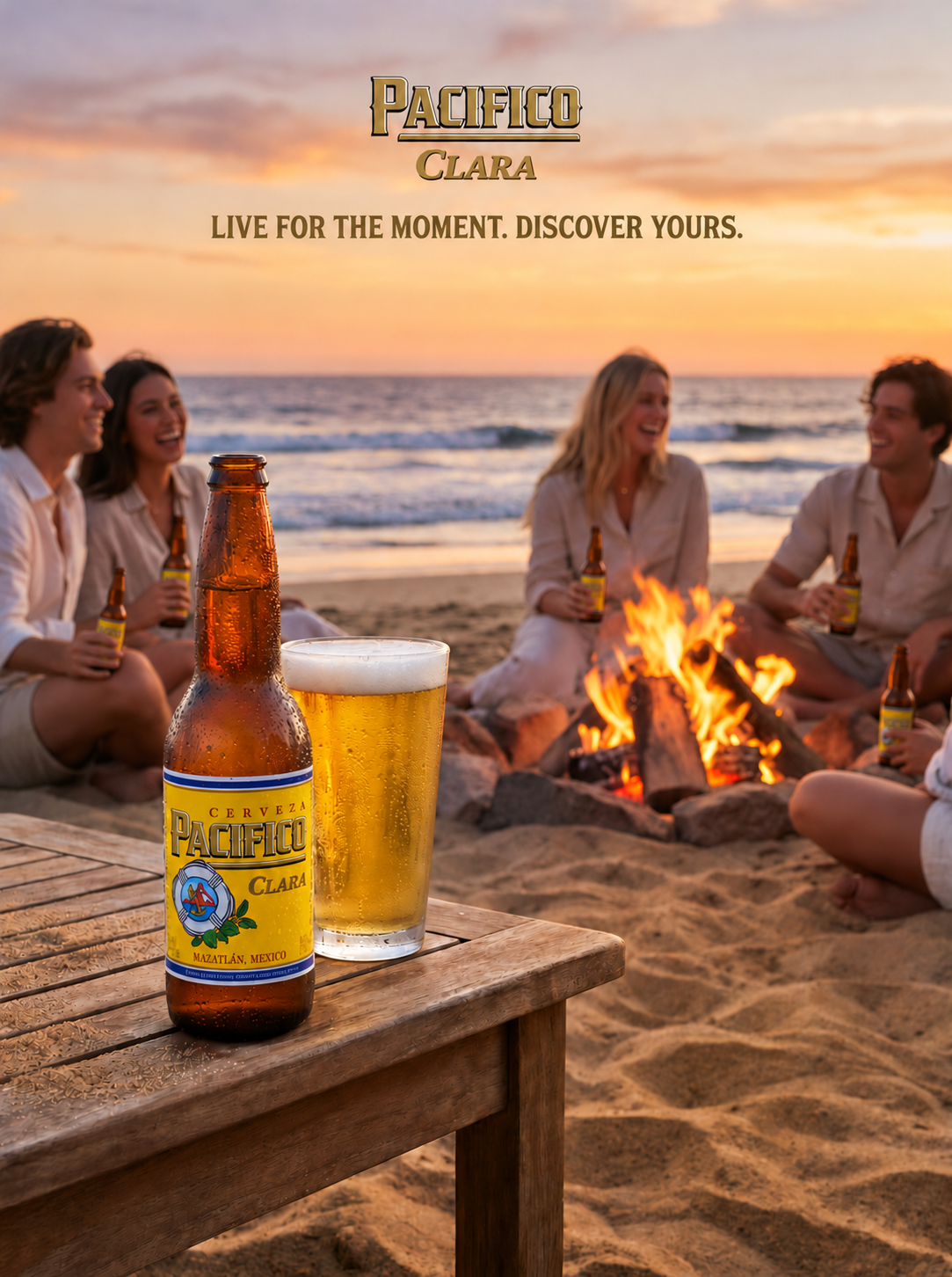 Pacifico Clara beer bottle and glass on a beach table beside a bonfire at sunset, with friends relaxing by the ocean