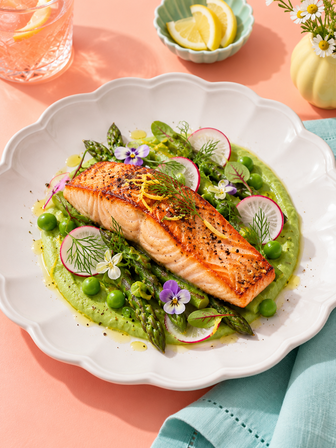 Seared salmon fillet with asparagus, peas, radishes, dill, and edible flowers over creamy green sauce