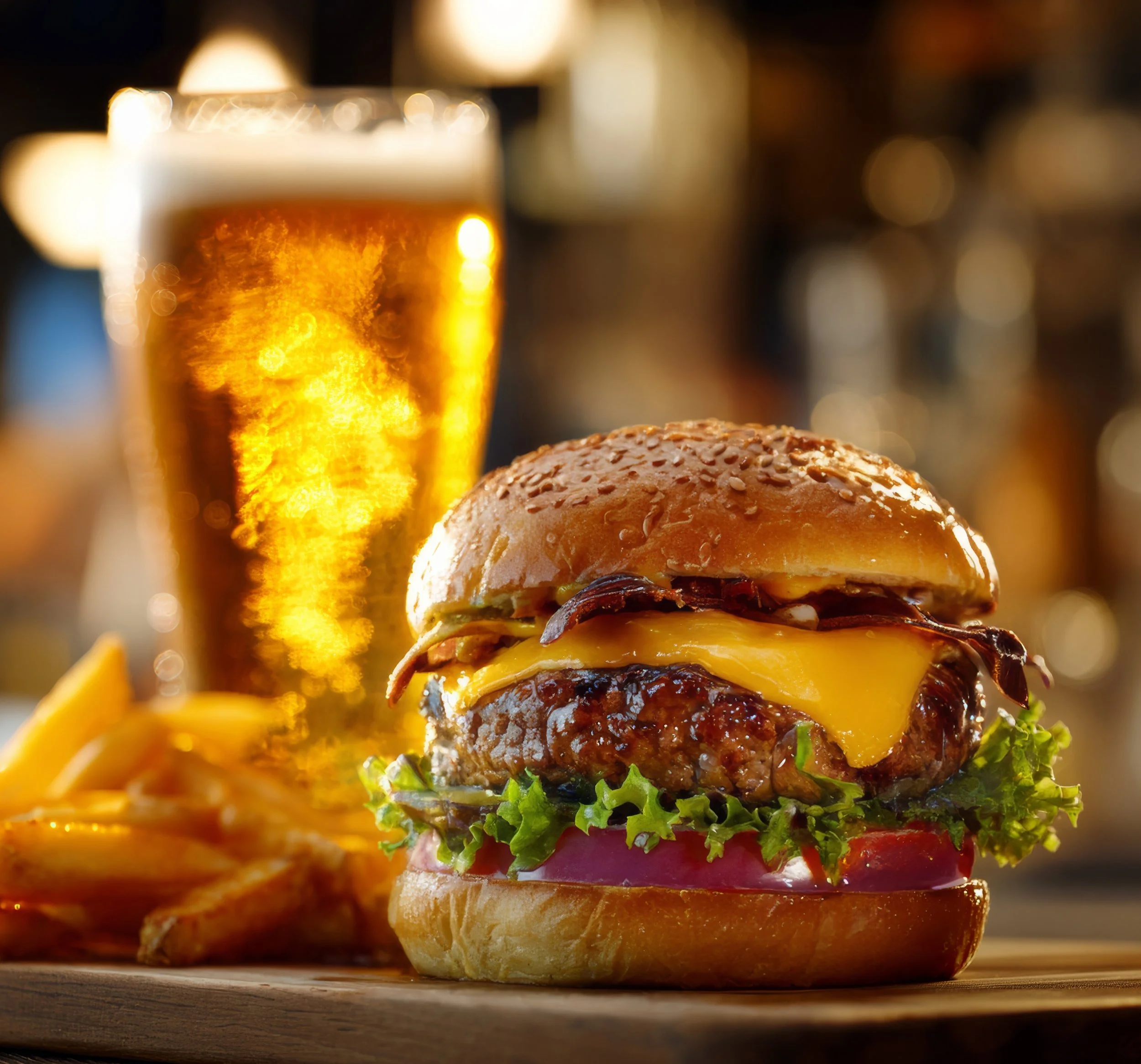 Close-up of a cheeseburger with lettuce, tomato, onions, and a sesame-seed bun beside a pint of beer and fries