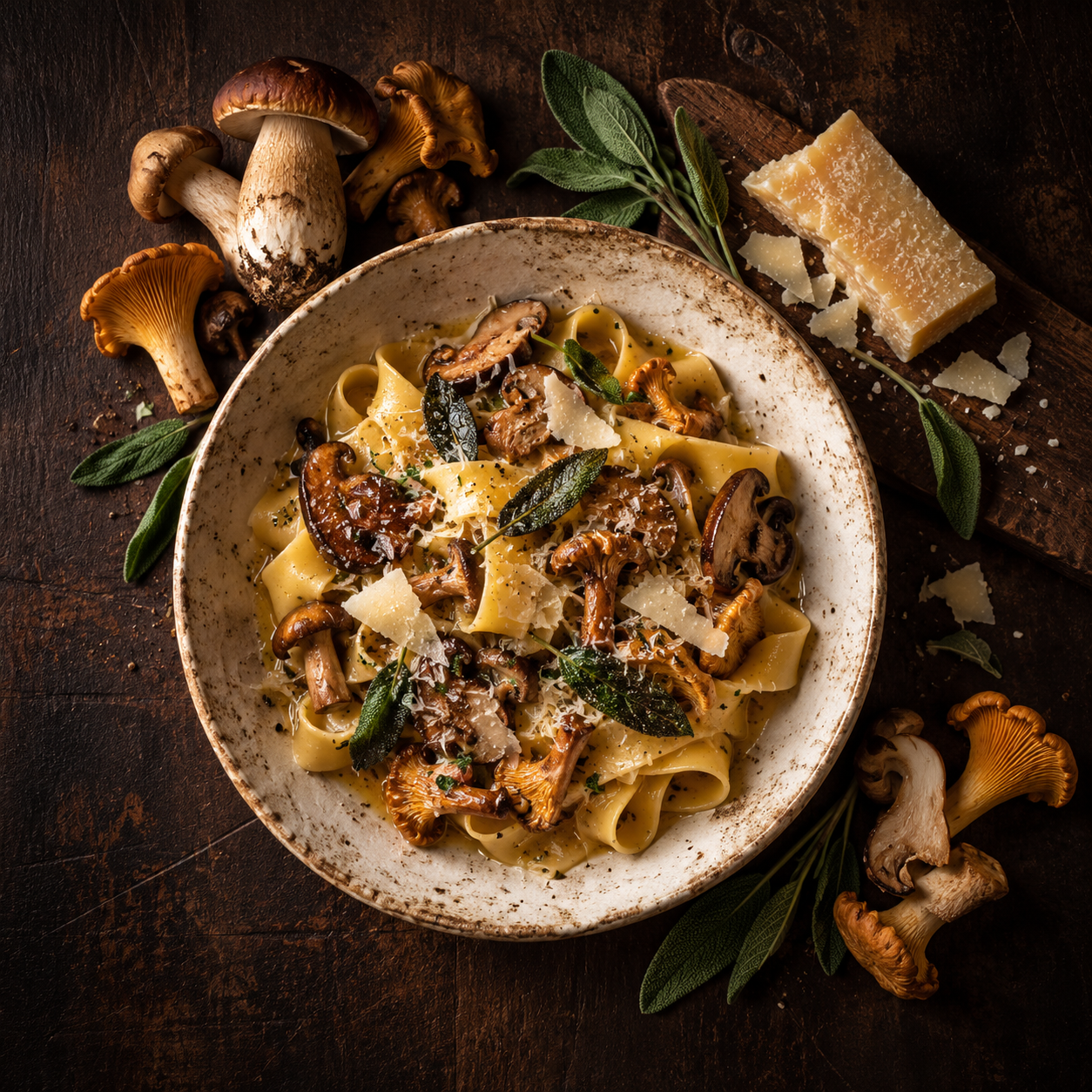 Overhead view of creamy tagliatelle pasta with sautéed wild mushrooms, sage, and Parmesan shavings in a rustic bowl