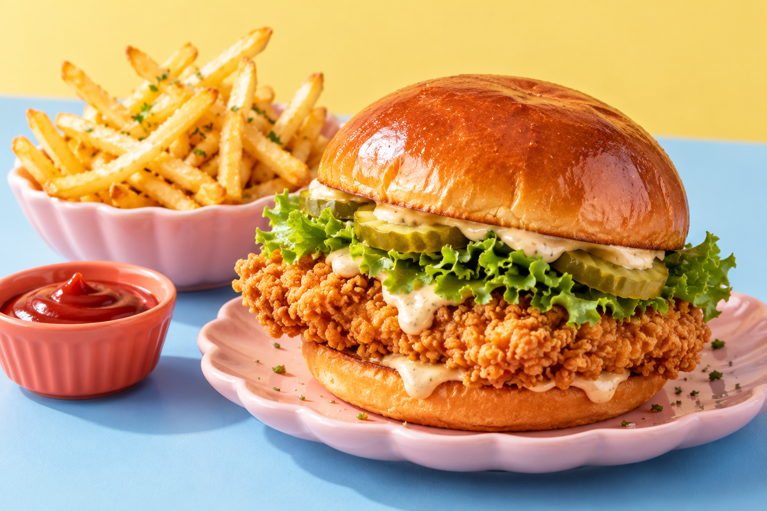 Crispy fried chicken sandwich with lettuce, pickles, and creamy sauce on a brioche bun, served with French fries and ketchup