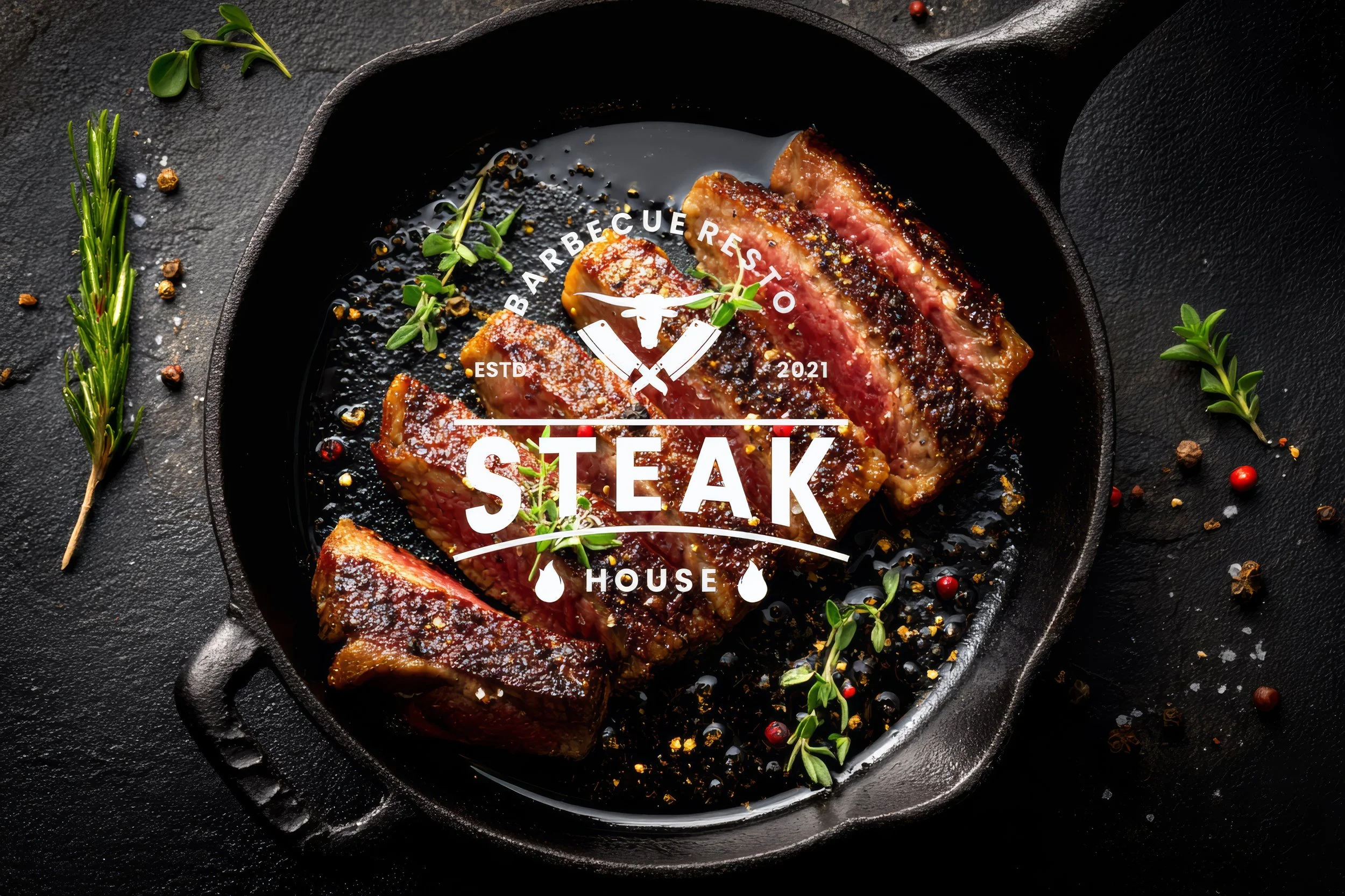 Sliced medium-rare steak garnished with herbs and cracked pepper in a black cast-iron skillet, with steakhouse logo overlay