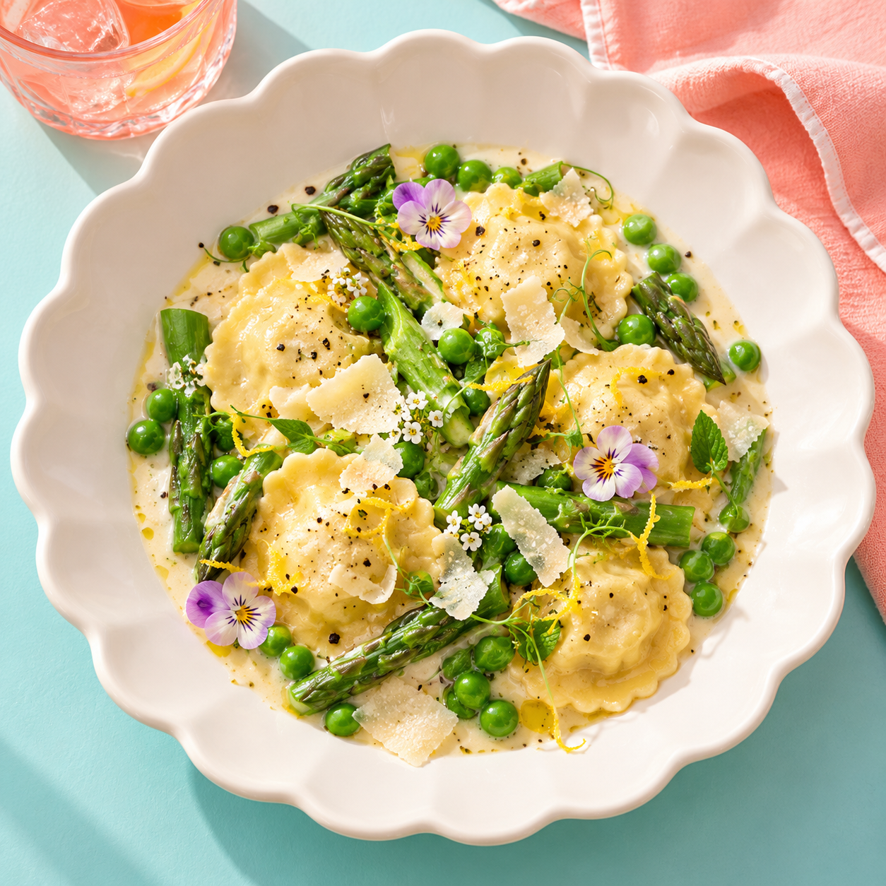 Overhead view of ravioli with asparagus, peas, Parmesan, lemon zest, and edible flowers in a creamy sauce