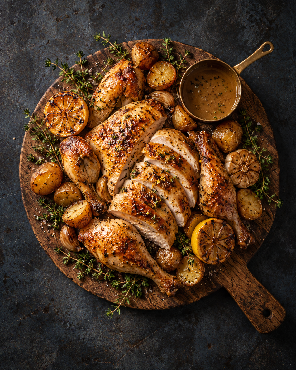 Herb-roasted chicken with roasted potatoes, garlic, lemon, and pan sauce on a wooden serving board