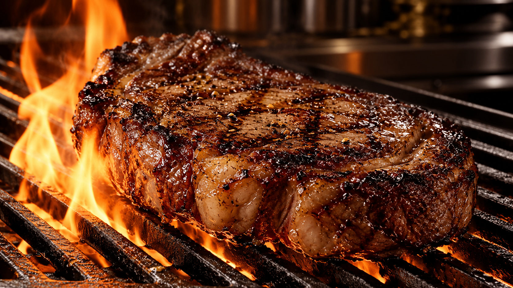 Thick, seared ribeye steak grilling over open flames on a barbecue grate.