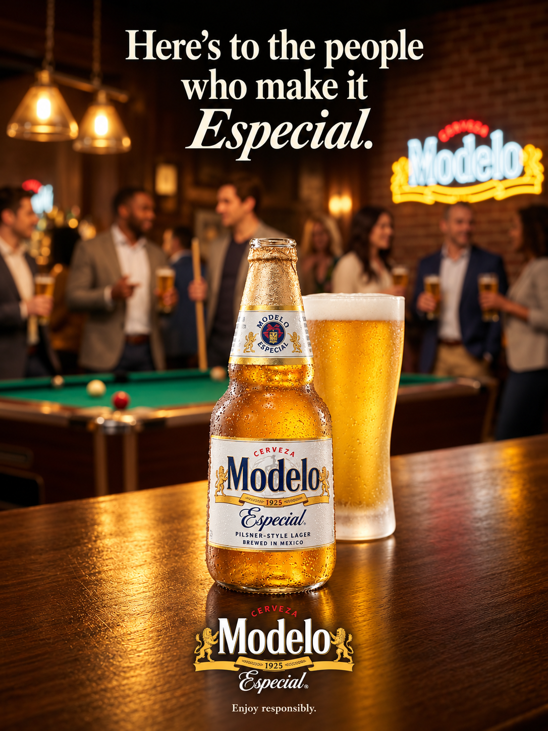 Modelo Especial beer bottle and foamy pint glass on a bar in a lively pool hall, with people, a pool table, and Modelo signage in the background
