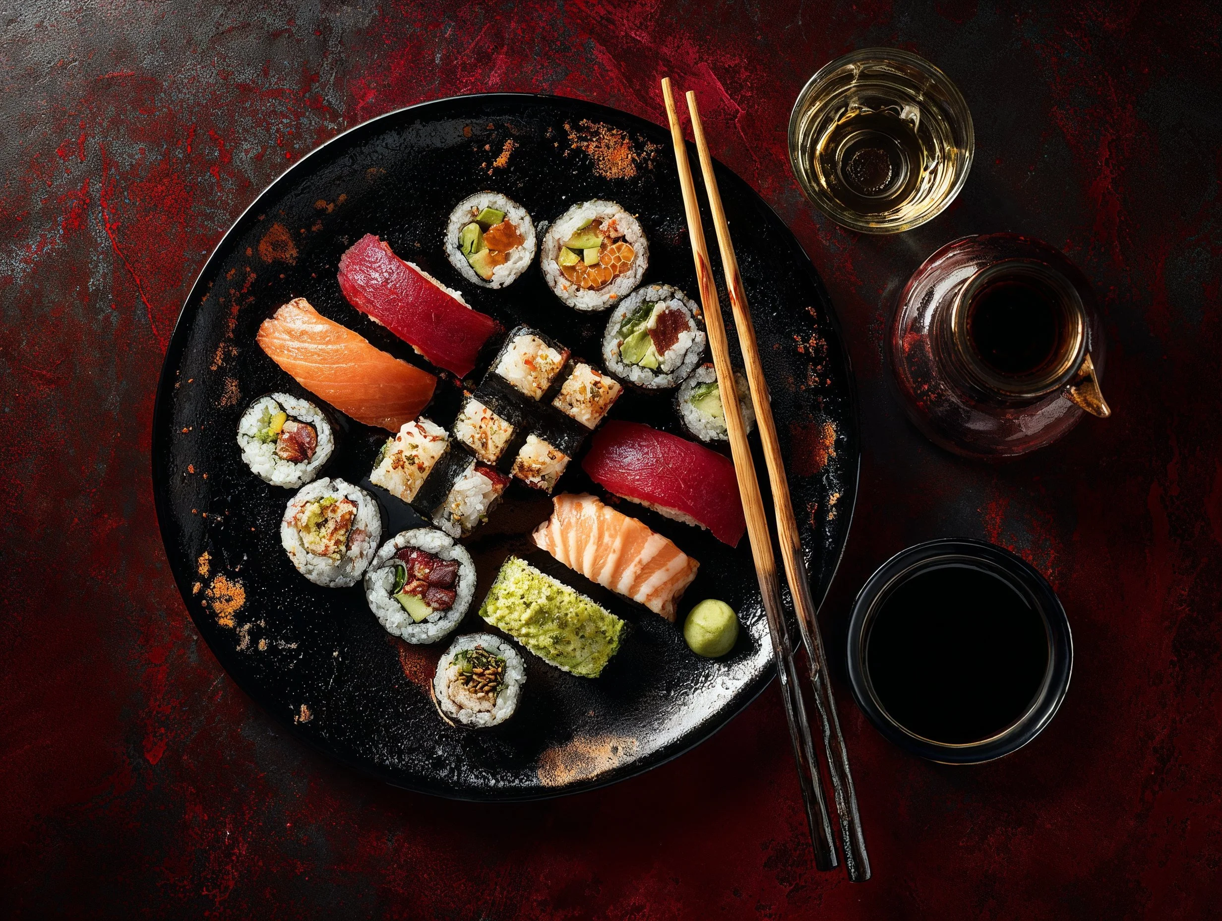 Assorted sushi and sashimi on a black plate with chopsticks, soy sauce, and wasabi
