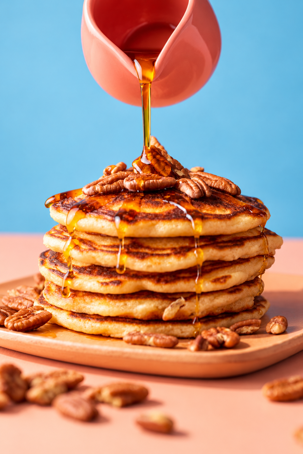 Stack of pancakes topped with pecans and drizzled with maple syrup from a pink pitcher